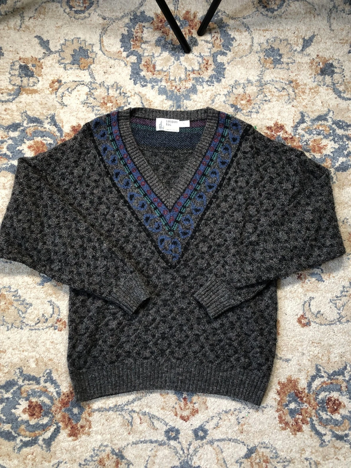 Vintage London Fog Sweater Mens Large Gray Wool Blend V Neck Geometric 90s USA