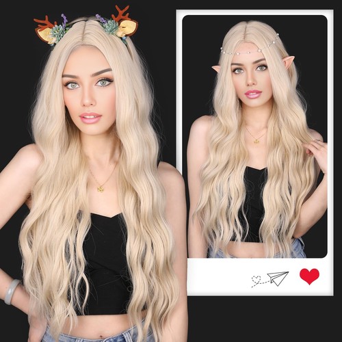 Long Blonde Wig Wavy Synthetic Wig Platinum Blonde Wig Middle Part Natural Bl... - Afbeelding 8 van 8