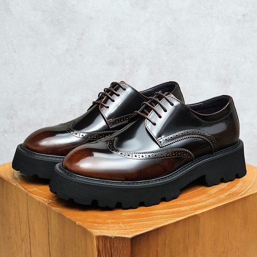 Mens Round Toe Leather Shoes Brogue British Business Dress Cowhide Office Shoes - Foto 20 di 26