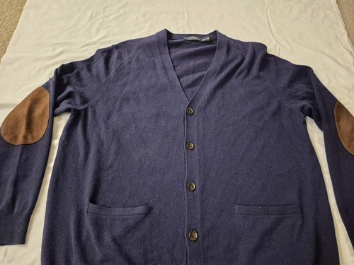 Ralph Lauren Cardigan Mens 2XL Navy Merino Wool Italian Yarn Elbow Patch - Picture 3 of 5