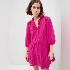 Gap Women’s Puff Sleeve Eyelet Shirt Dress in Fuchsia Size XS