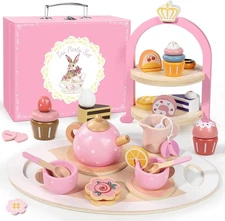 Wooden Tea Party Set for Little Girls, Toddler Girl Gifts Princess Tea Time Toys