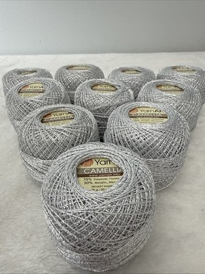 10-Skeins Yarn Art Camellia White Silver Metallic  #1 Crochet Thread .7oz ea