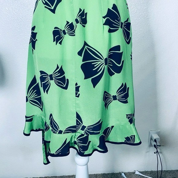 Nanette Lepore Lime and Navy Bow Patterned Midi Dress 100%Silk Size 4 - Image 4 of 4
