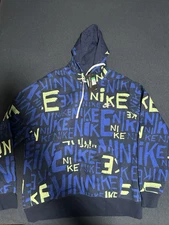 NIKE Hoodie Sweatshirt Mens XL All Over Print Spell Out Blue Yellow White