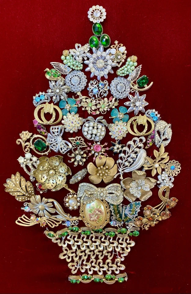 Винтажная большая брошь ювелирные изделия рождественская елка народное искусство мозаика декоративная деревянная рама Handma - Изображение 2 из 4