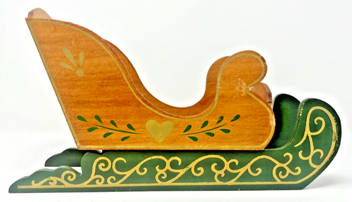Vintage Santa Sleigh Wood Handpainted Christmas Decor Green Gold 13" long - Picture 2 of 6