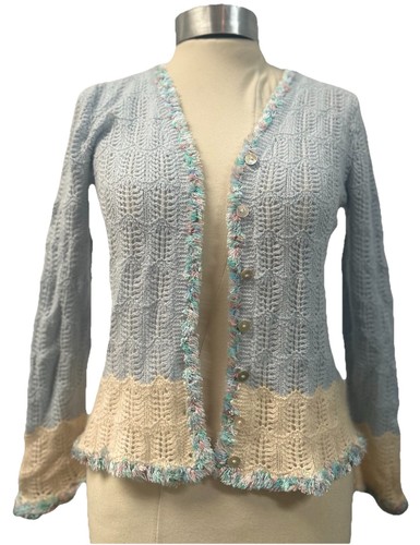 English Weather 100% Cashmere Baby Blue Hand Knitted Fitted Cardigan Small 10 - Picture 12 of 16