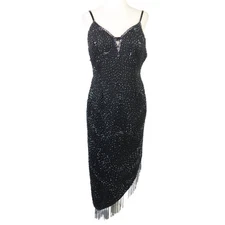 Vintage 90s Colorways black silk beaded asymmetrical party dress M
