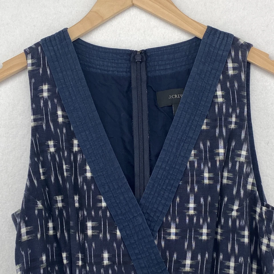 Vestido J.CREW 8 Lino Estampado Ikat Imitación Envoltura Sin Mangas Mini Corbata Cinturón Azul Foto 4 de 4