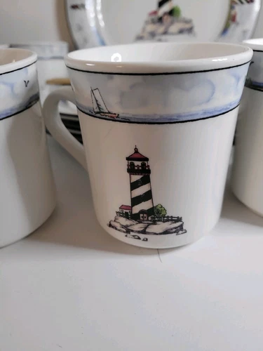 Totally Today Coastal Lighthouse Nautical Coffee Mugs Tea Cups Lot of 4 VTG