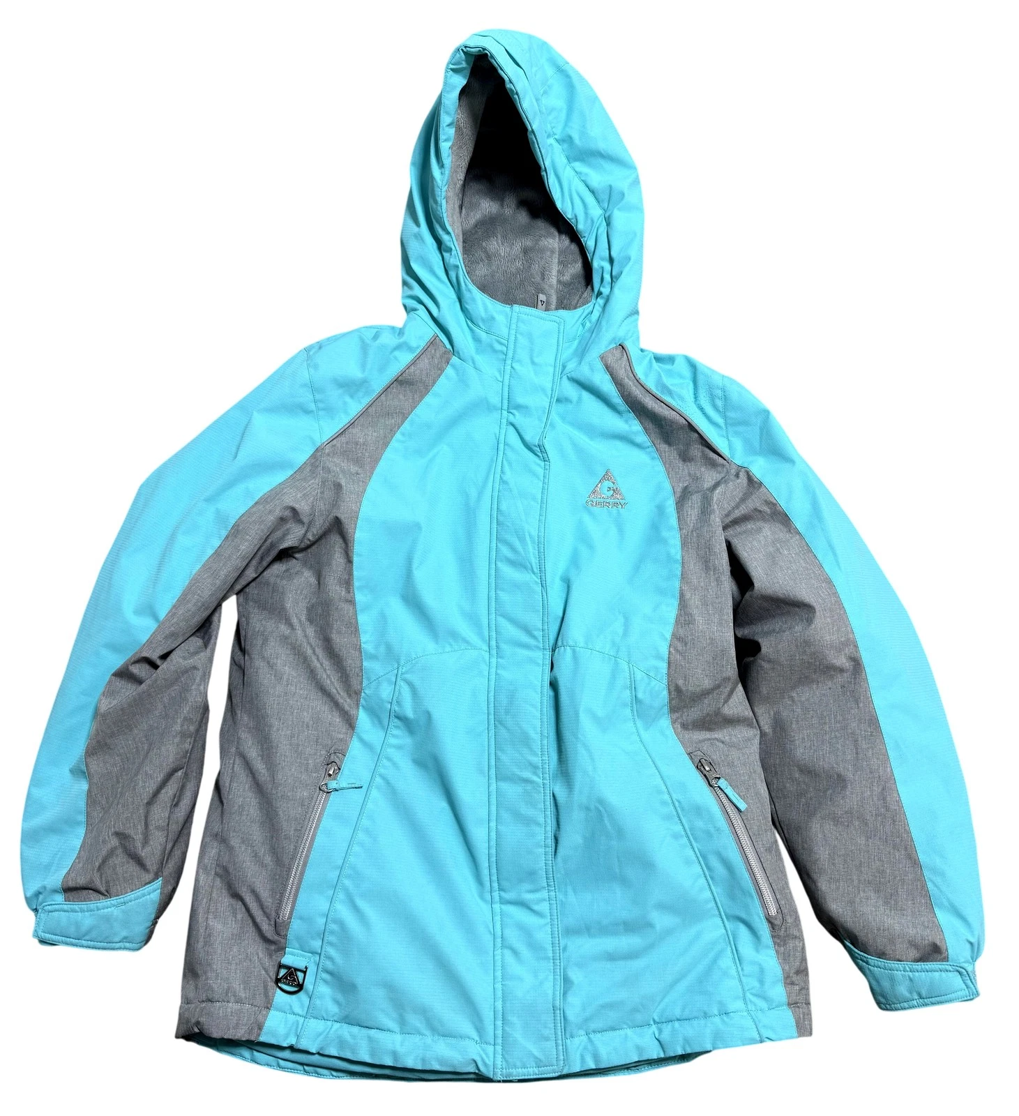 Gerry Ski Jacket Youth Large 14-16 Blue Gray Hooded Insulated Zip Pockets Winter
