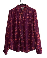 Y2K JCP Shirt Womens XL Butterfly Silk Blend Button Long Sleeve Casual Fairy