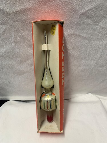 2 Tier Tree Topper Finial MCM Vintage Blown Glass Hand Painted 11" Silver Ivory