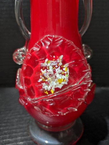 Chinese Plum Blossom Vase Red & White Cased Art Glass w/Splatter Glass 10" VTG - Picture 6 of 13