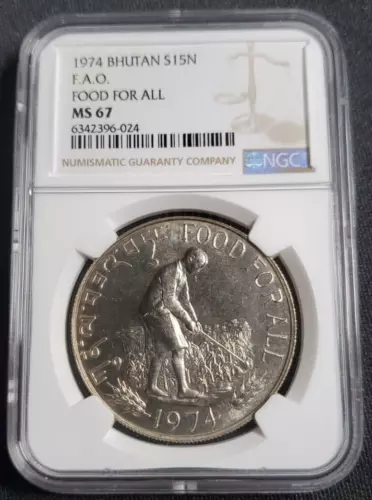 1974 BHUTAN SILVER 15 NGULTRUMS FOOD FOR ALL - NGC MS 67