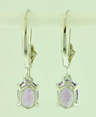 14k Solid White Gold Dangling Oval Amethyst Earring lever back February Birthsto - Picture 3 of 5