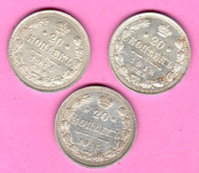 RUSSIA RUSSLAND 20 Kopeks 1913-15s. LOT OF 3 SILVER COINS 3275
