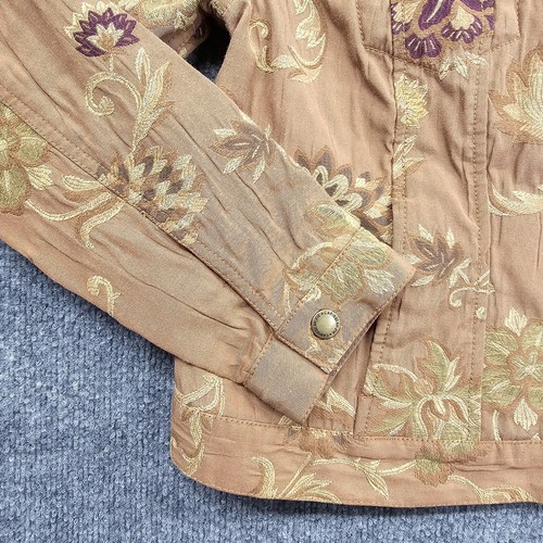 Chaqueta de mezclilla Caribbean Joe para mujer PL marrón bordada patrón floral estilo boho - Imagen 7 de 13