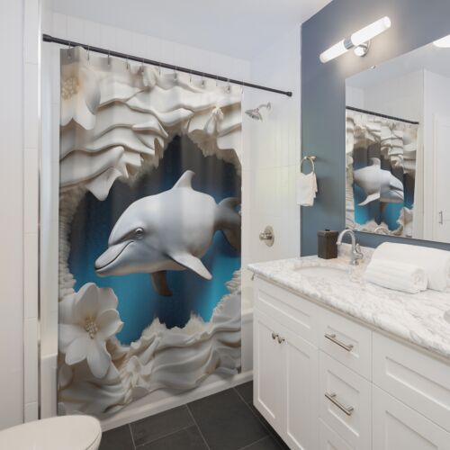 Dolphin Design Shower Curtain, Ocean Vibe Bathroom Decor, Nautical Gift, Marine - Picture 2 of 6