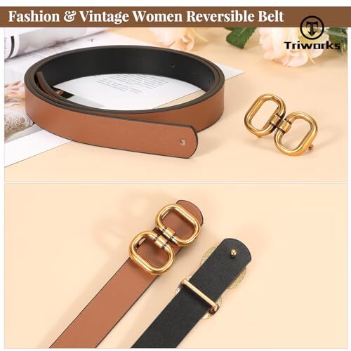 Reversible Leather Belt for Women with Gold Buckle Ladies  display picture 3