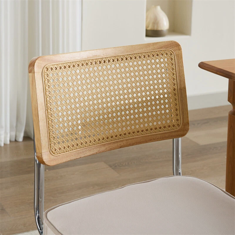 Juego de 2 sillas de comedor tapizadas beige con respaldo de ratán sillas sin brazos con patas de metal Foto 3 de 4