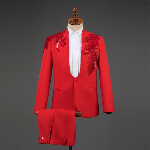 Men's Blazer Sequins Formal Dress Suits 2PCS Coat Pants Slim Wedding Costumes - Picture 3 of 10