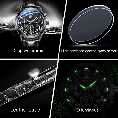 OLEVS Herrenuhr Chronograph Mondphase Lederarmband Wasserdicht Armbanduhren - Bild 7 von 10