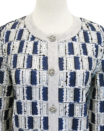 CHANEL 2011 Spring Navy Blue Gray Cashmere Sequined Embellished Top Cardigan 38 - Picture 7 of 13