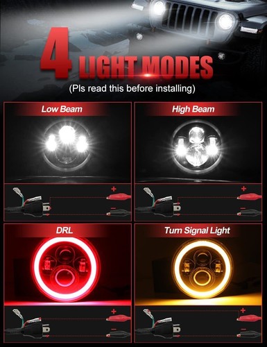 Fit Jeep Wrangler JK TJ LJ 97-18 7'' Round LED Headlights RED Halo Turn Signal - Picture 6 of 12