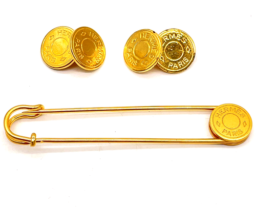Authentic HERMES Gold Serie Brooch Pin Brooch/Cufflinks W/Box SK040798 - Picture 2 of 15