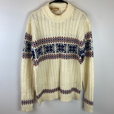 Jantzen Vintage Mens Cream Cable Knit Crewneck Sweater Size X Large Made In USA