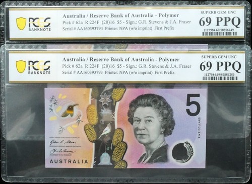 Consecutive Pair 2016 First Prefix AA16 $5 Banknotes PCGS SUP GEM UNC 69 PPQ ... - Foto 1 di 2