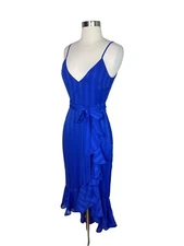Lovers + Friends Women’s Bridget Dress XS Blue Midi Hi Low Ruffle Belt Striped