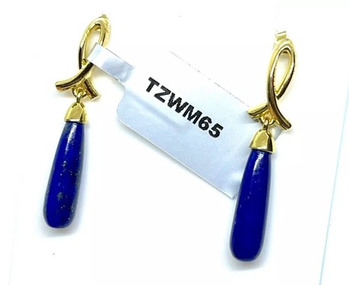 New Natural Carved Lapis Lazuli Gold on Sterling Silver Drop Stud Earrings - Picture 9 of 10