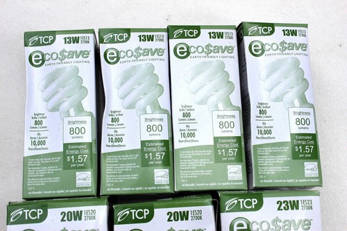7 LOT NEW IN BOXES TCP ECO$AVE LIGHTBULBS 13W & 20W ENERGY SAVING BULBS - Picture 2 of 3