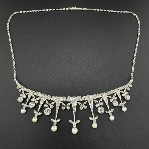ANTIQUE 8.01CTW VS2 I-J OLD EURO DIAMOND & PEARL NECKLACE - 14K WG - 15" - 1880S - Picture 3 of 12