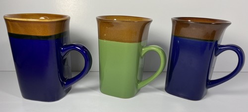 Royal Norfolk Green Blue Caramel Toned 5” Tall Square Latte Coffee Mugs Set of 3 - Bild 7 von 7