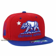 California Republic Hat Bear Logo Embroidered Snapback Flat Bill Baseball Cap 