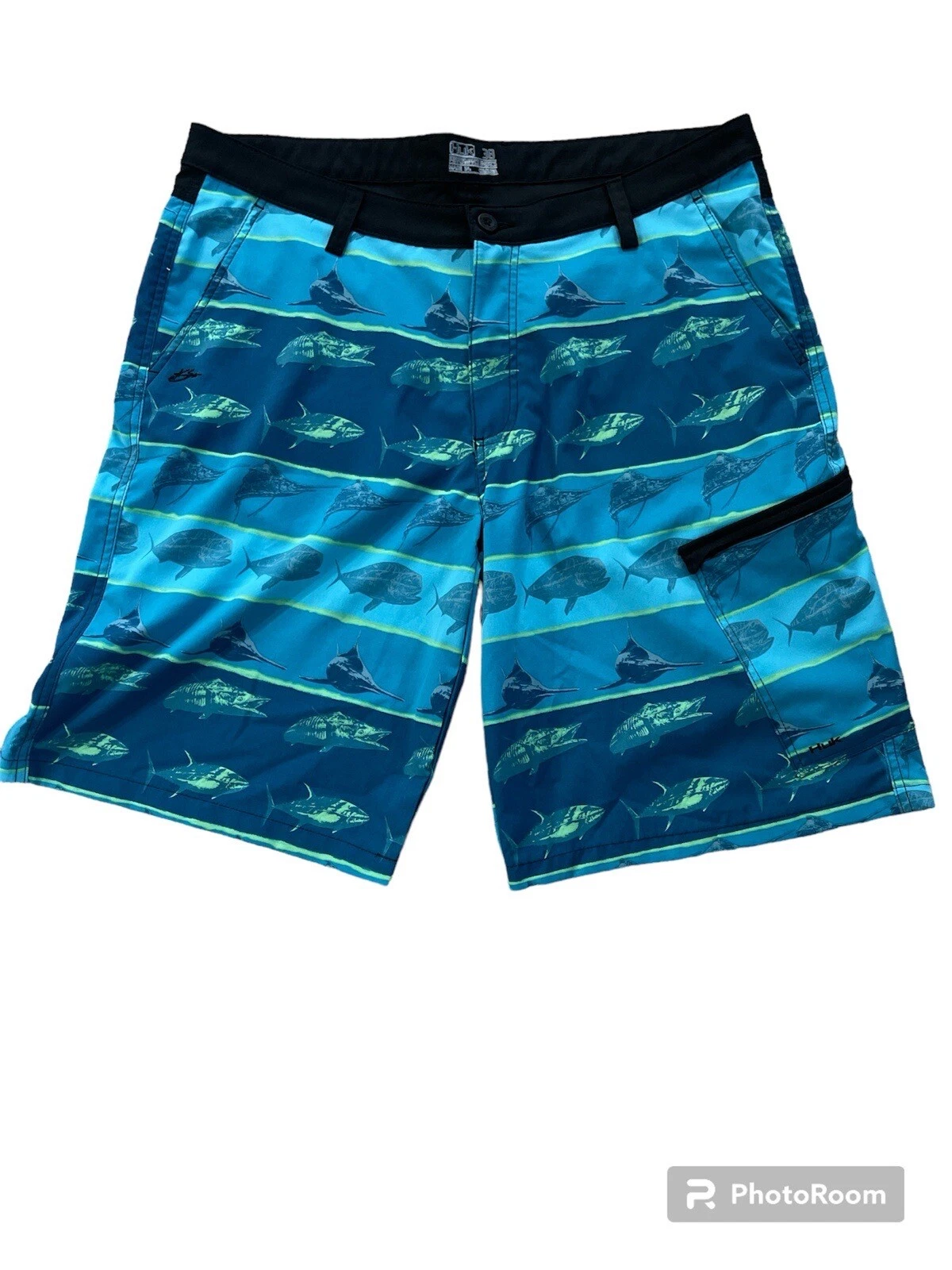 Huk Men’s Blue Fishing Design Shorts 11” Inseam 4 Pockets Size 38