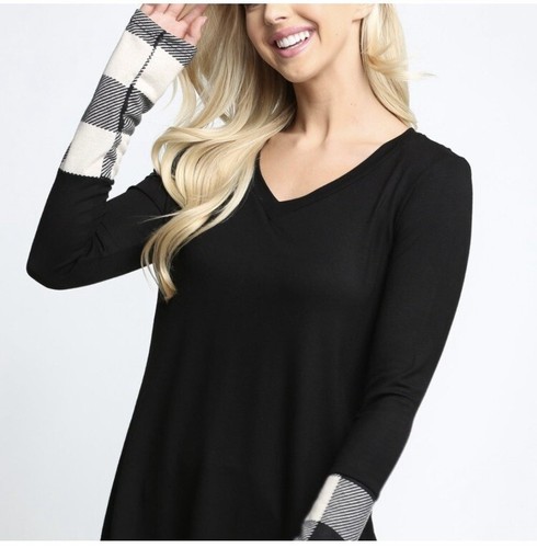New Women’s BLACK WHITE PLAID LOOSE LONG SLEEVE SHIRT TUNIC XL - Picture 3 of 4