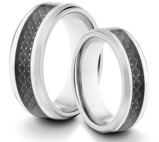 HIS  HERS 8MM/6MM Titanium Carbon Fiber Black Inlay Wedding Band TWO RING SET