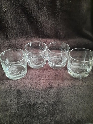 Barcardi Rum Lowball Glass w/Etched Bat Logo, 8oz, set of 4