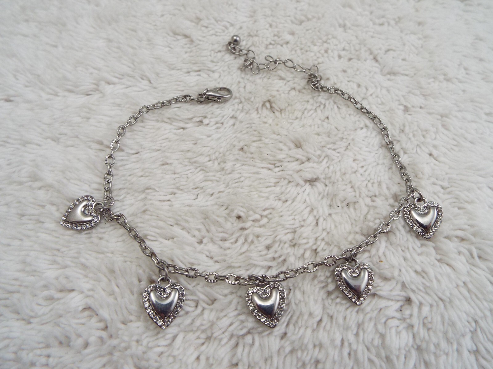 Silvertone Rhinestone Heart Charm Chain Ankle Bracelet (D64)