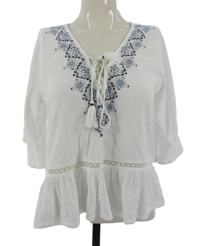 Abercrombie and Fitch Blouse Peasant White Floral Embroidery Lace Up Bohemian S - 第 1/10 張圖片