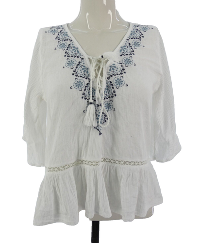 Abercrombie and Fitch Blouse Peasant White Floral Embroidery Lace Up Bohemian S - Picture 1 of 10