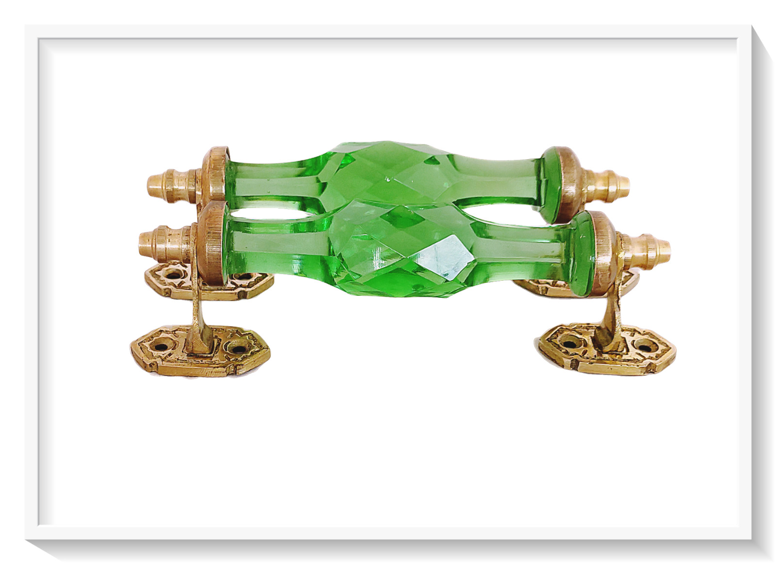 Pair Vntg. Look  Green Victorian Cut Glass & Brass Pull Push Door Handle 7 "