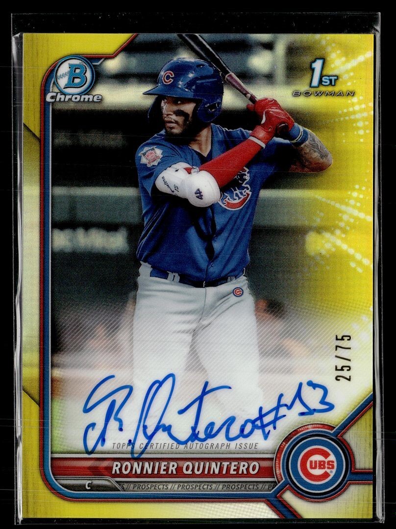 2022 BOWMAN CHROME YELLOW /75 1ST PROSPECT AUTO RONNIER QUINTERO CUBS
