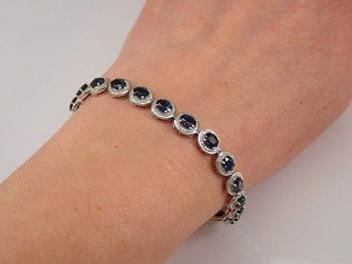 12Ct Lab Created Blue Sapphire & Diamond Halo Bracelet 14K White Gold Finish - Picture 4 of 5