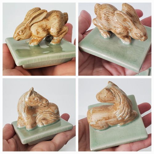 2 Cajas Cubiertas Esmaltadas Celadon De Colección Porcelana Asiática Caballo y Conejo Poco Comunes - Imagen 8 de 8